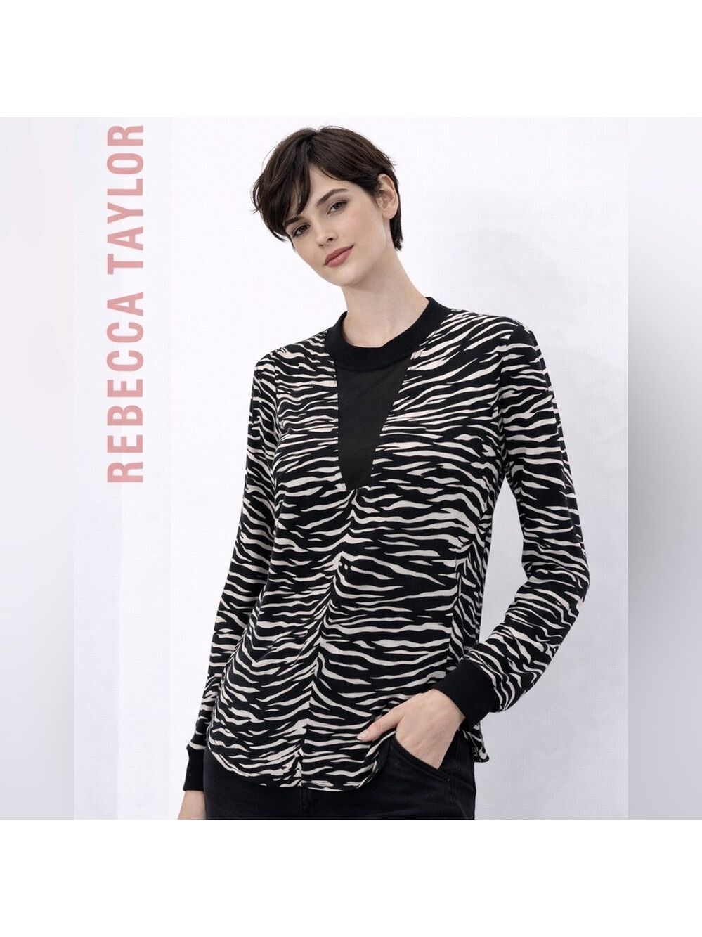 Rebecca Taylor Black White Silk Zebra Blouse Long Sleeve Crewneck Y2K mobwife